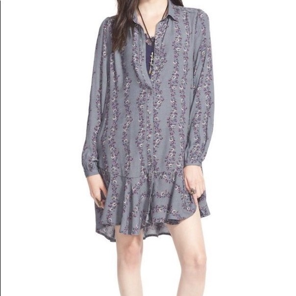 Free People | Grey Floral Shirt Mini Dress Size XS - Picture 2 of 8